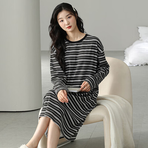 LOYACKIND睡裙女长袖棉质设计感春秋季睡衣可外穿条纹家居服2025年春秋新款 W9764长袖睡裙 XL 110-125斤