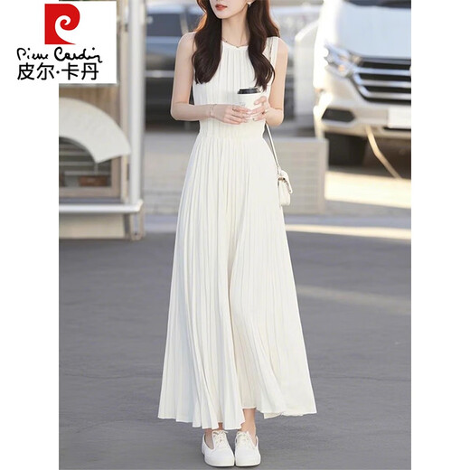 皮尔卡丹（pierre cardin）白色无袖背心连衣裙女夏季2025新款高端精致感收腰气质裙子女 白色连衣裙 S
