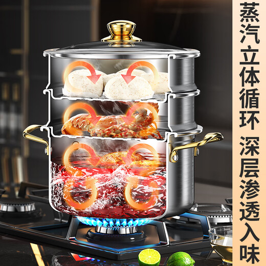 日本进口品质汤锅304不锈钢家用小蒸锅电磁炉燃气两用加厚双层两 11304食品级一体成型直  26cm