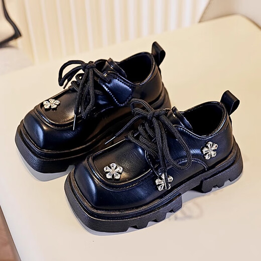 Sharp girls' leather shoes spring and autumn 2025 new children's princess loafers girls black soft sole performance shoes big children XC1608 black 26