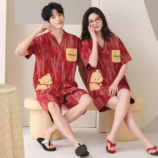 LangSha Couple Pajamas One Male One Female Summer Pure Cotton Thin Red Nightgown Wedding Festive Wedding 100% Cotton Home Clothes 7109 XL Female + 2XL Male