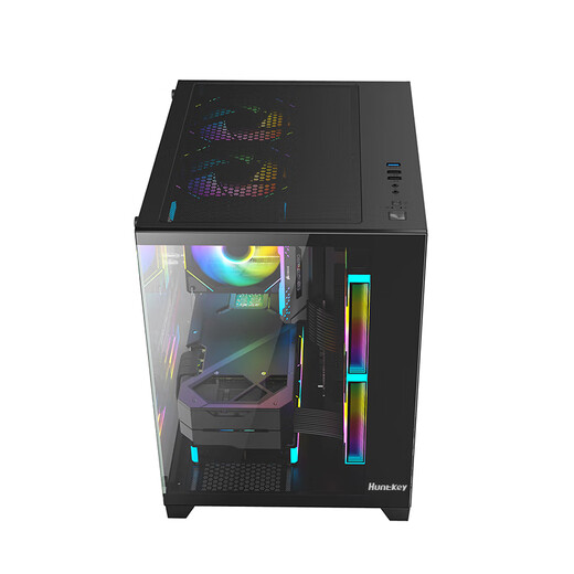 航嘉（Huntkey）S900沙尘暴全景版海景房机箱台式电脑机箱（双面钢化玻璃/左右分区/240水冷/7风扇位/M-ATX主板 ） S900沙尘暴-全视版-黑色+7个暮光炫彩风扇