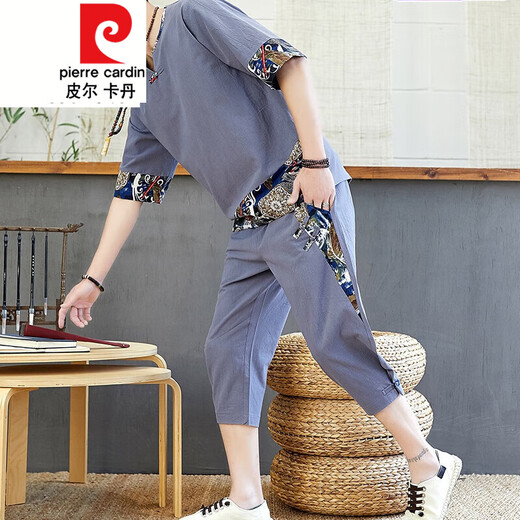 Pierre Cardin Chinesischer Stil Männer Tang Anzug Sommer Hanfu kurzärmeligte T-Shirt Retro-Stil Lose lässige große Kleidung Schwarz 687 Set Top + Hosen 2 Teile m