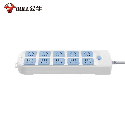 Bull (BULL) corded double-row socket, multi-hole power strip, extension cord power strip, household power strip with overload protection, automatic power-off strip, drag strip computer inspection, extra long 10 meters with overload protection, 10 five-hole plug strip, official genuine total control 2500W fire retardant model