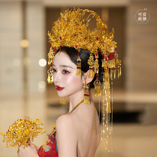 Shu Mo bride Ming Dynasty Hanfu headdress 2024 new high-end heavy industry gold and red phoenix crown Xiamei hair crown Chinese style Xiuhe hair accessories gold and red happy word butterfly phoenix crown (full crown) + earrings