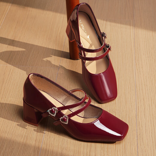 Red Dragonfly Mary Jane Shoes 25 Spring Women's Shoes Thick Heels Single Shoes Wedding Shoes French Temperament Small Leather Shoes WTB15281 Burgundy 35