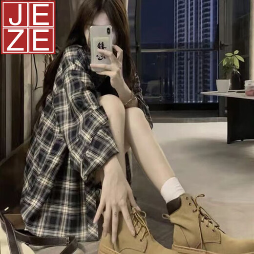 JEZE【棉质材质】韩版藏青色格子衬衫设计感长袖上衣女开衫春薄款宽松 宝蓝色16799-高品质格纹【z】 M
