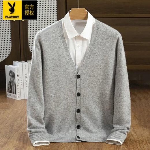 Playboy (PLAYBOY) wool cardigan men's V-neck outer wear knitted cardigan spring and autumn new casual loose large size men's sweater jacket trendy black without shirt L 130-150Jin Jin equals 0.5 kg
