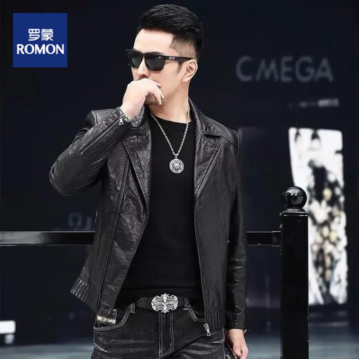 ROMON genuine leather leather jacket for men spring and autumn style Haining sheepskin slim motorcycle suit collar leather jacket casual jacket men black-single leather 2XL size 180-140-155Jin [Jin equals 0.5 kg]