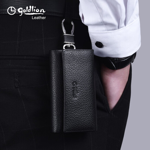 Goldlion Official Flagship 2025 Nuevo bolso para llaves, gran capacidad, cuero genuino, multifuncional, práctico, para hombre, para colgar en la cintura, tarjetero para coche, negro