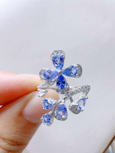 Shilian S925 18 gold plated natural tanzanite diamond plum blossom ring super fairy flower open ring opening adjustable