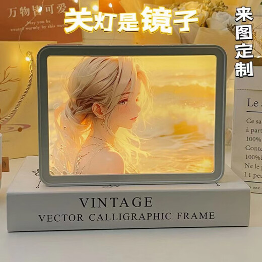 MPPMCK light painting can be customized with pictures, birthday gifts for girls, creative ornaments for girlfriends, best friends and classmates, night light mirror, never sleeps (wood grain frame), plug-in version, ordinary packaging