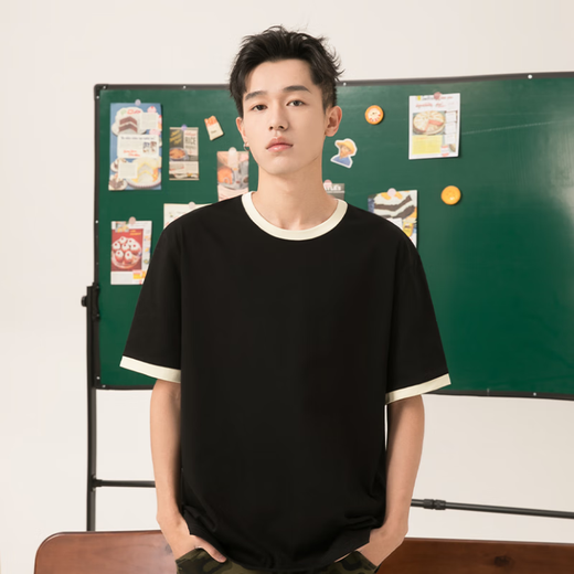 名创优品（MINISO）纯棉t恤男夏季撞色宽松高级感2025新款青少年潮流短袖 酒红 XL