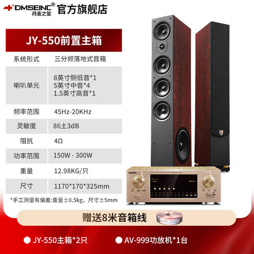 丹麦之笙（DMSEINC）2.0声道家庭影院落地音箱 客厅环绕音响电视音响 HIFI三分频无源音响 木质前置音箱搭配功放组合 JY-550主箱+A-999功放
