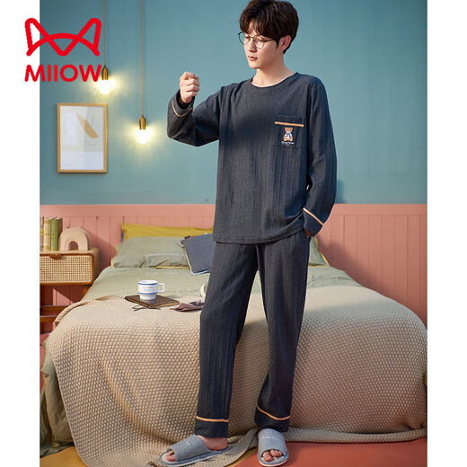 Catman Miiow Pyjamas Herren Frühling und Herbst reines Baumwoll-Langarm-Zwei-Teil-Set großer Größe Lose Teenager Herren-Baumwoll-Freizeitkleidung für Männer Langschlärm QM1584 XL [geeignet für 125-150jin [Jin gleich 0,5 kg]]