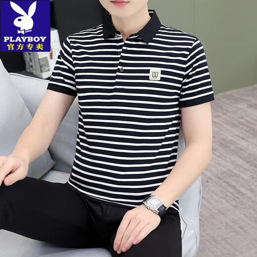花花公子（PLAYBOY）纯棉polo衫男士短袖t恤条纹翻领上衣夏季新款高档商务有领体恤衫 TB-QY753黑杏 L 【建议120-135斤】