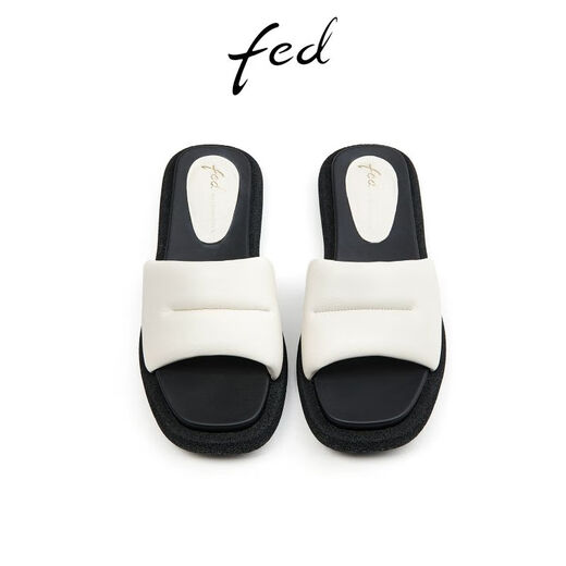 FED一字带真皮凉拖鞋夏季新款女鞋舒适户外拖鞋女款D0420-YAB695 米色 36