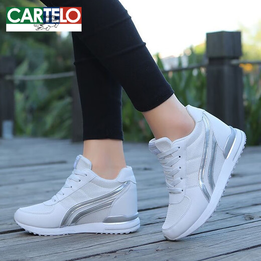 CARTELO spring and autumn invisible inner heightening 8CM sports shoes women's shoes heightening thick sole sneakers small taller casual travel shoes 1289 white 35
