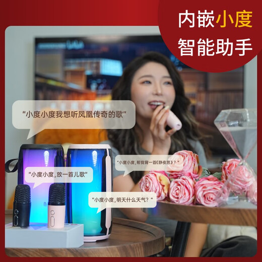 Newmine M18 wireless Bluetooth speaker dual microphone karaoke microphone audio all-in-one home ktv audio set comes with sound card karaoke artifact outdoor mobile phone TV singing karaoke girl fan double wheat Bel Canto smart model + Xiaodu voice assistant