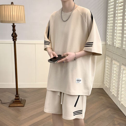 
Cotton high-end casual sports suit men's summer thin loose short-sleeved T-shirt men's shorts handsome suit 653 white L size (110-130Jin[Jin equals 0.5 kg])