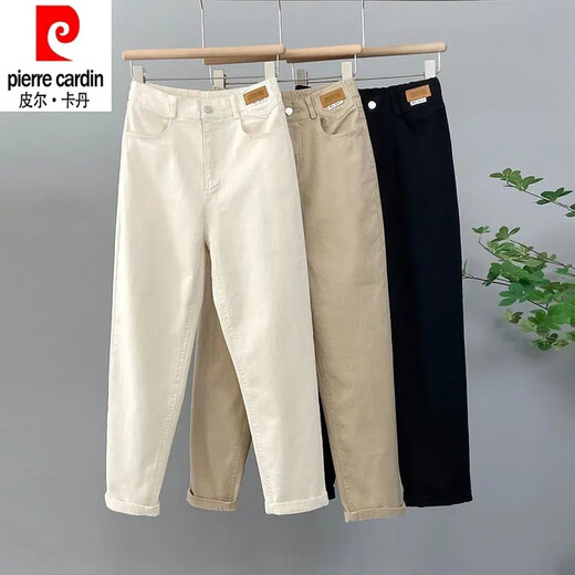 皮尔卡丹（pierre cardin）高弹大尺码牛仔裤女2025春秋新款高腰宽松休闲显瘦老爹哈伦九分裤 杏色1392 无腰带 S 80-100斤