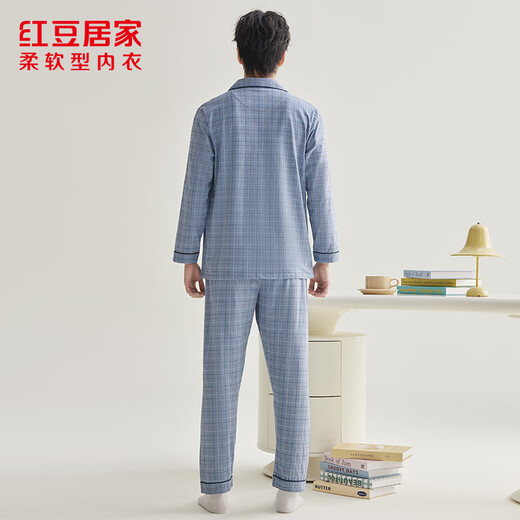 Hongdou Home Men Combed Pure Cotton Couple Pajamas Men Checked Long Sleeve Women's Home Clothing Blue XL