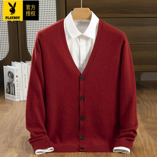 Playboy (PLAYBOY) wool cardigan men's V-neck outer wear knitted cardigan spring and autumn new casual loose large size men's sweater jacket trendy black without shirt L 130-150Jin Jin equals 0.5 kg