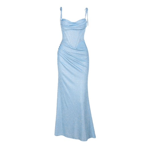 Now Pauline European and American blue dress women's sparkling long skirt annual party dinner birthday dress blue M