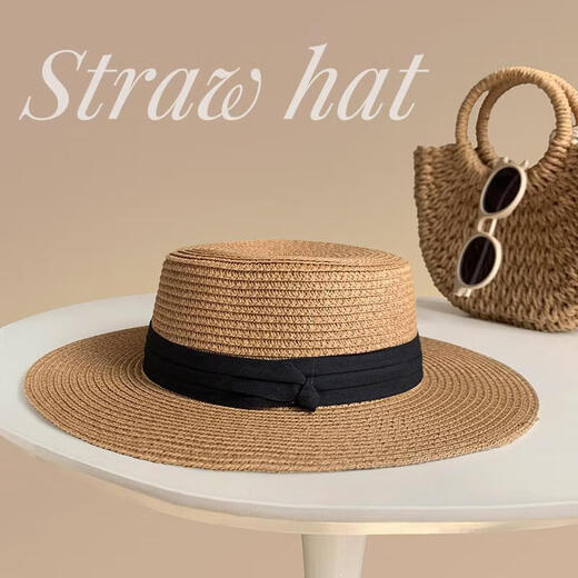 Mingyuegui 2025 Neues französisches flacher Strohhut Women's Big Head Zaun Beach Top Hut Stricker Sonnenschutz Hut Schwarzer Quadratgürtel [56-58 cm]