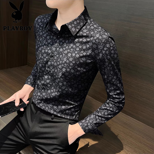 Playboy (PLAYBOY) long-sleeved shirt men's print autumn new style non-iron anti-wrinkle slim light luxury men's casual floral handsome shirt 291 black L 105-125Jin Jin equals 0.5 kg