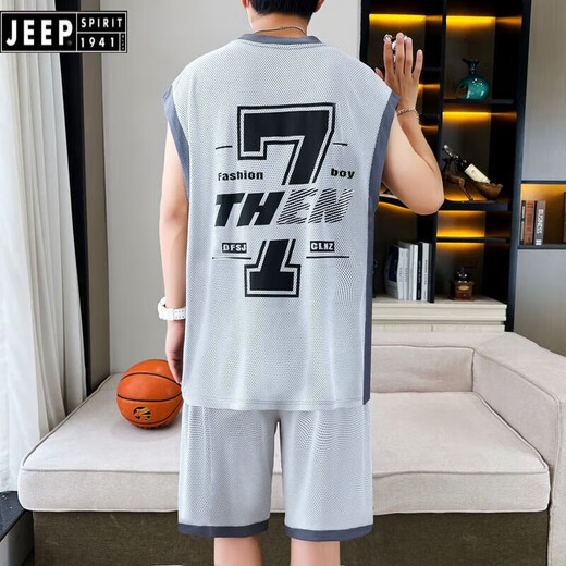 JEEP SPIRIT Summer Male Student Sleeveless Ice Wire Mesh Sports Set Vest Breathable Quick Dry Junior High School Basketball Suit Boys Male 6636 Light Gray 3XL [160-185Jin [Jin equals 0.5 kg]]