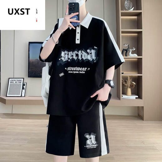 UXST青少年短袖t恤12-15岁男孩衣服13初高中学生POLO衫14大童夏装套装 6629黑色(短袖+短裤) 品质保证 XL 130-145斤左右