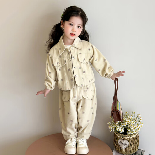 La tarjeta de la tarjeta es para el traje de niñas primavera y otoño 2025 ropa nueva para niños de la chaqueta de trabajo casual de la niña de la niña de dos piezas de dos piezas de loto rosa rosa y traje de otoño de 110 cm recomendado para 3-4 años (aproximadamente 105 altura)