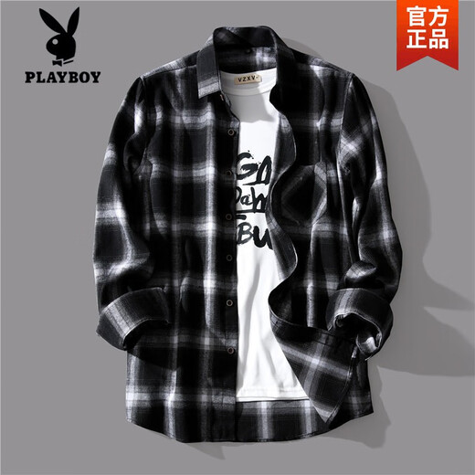 Playboy (Playboy) Schwarz-Weiß-Plaid-Shirt Männer koreanischer Stil Trend Frühling und Herbsthemd Lose Trendy Brand Casual Longleved Top Jacket Männer Sommer 6908 Red High Quality XL