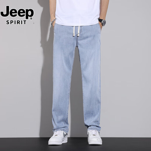 JEEP SPIRIT天丝牛仔裤男2025新薄款宽松莱赛尔松紧腰裤子男夏季男裤直筒长裤 970浅蓝色 XL 体重130-150斤