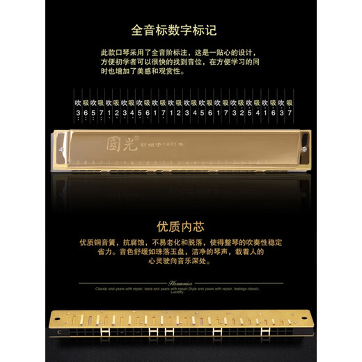 Guoguang Shanghai Guoguang Harmonica 28 Loch Weitweite Reichweite Polyphonischer Akzent C-Tuneers für Kinder und Studenten Männer Einführung Ein Guoguang 28 Loch Weitweite Polyphonische GG28A/Athedian