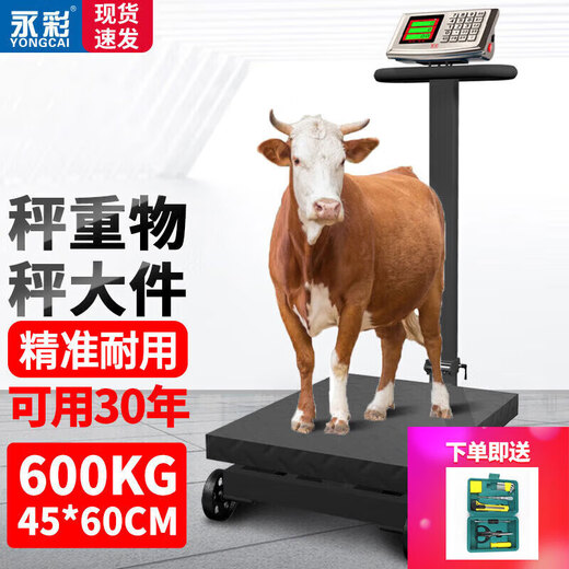Yongcai weighing electronic scale commercial wheel scale household floor-standing large platform scale hand push roller precision electronic scale foldable electronic pig scale industrial logistics floor scale 600 kg extra thick thick bracket 45*60 table wheel scale