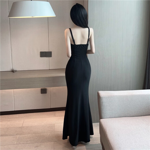 蝶霓斯夜店 名媛优雅性感V领显胸礼服长裙女王网纱露腰包臀连衣裙 黑色 M (95-105斤)