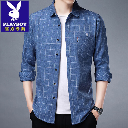 PLAYBOY (Playboy) Sitio web oficial de la marca de mediana edad para hombres de manga larga algodón a cuadros de algodón a cuadros Free Ironing Business Cashdy Daddy Daddy Top de manga larga 6626 Blue L 170/50 120-140Jin [Jin equivale a 0.5 kg]