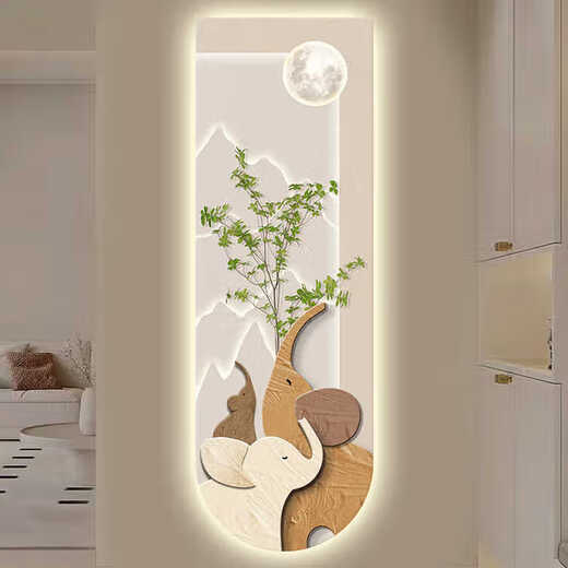 Decorative painting of the four-member elephant decorative painting of the entrance of the family of four, buttery style corridor hanging painting led lighting high-end wall murals T12529 (uv exquisite carving without frame) 30*90 (small size carefully selected) Crystal porcelain picture/no light