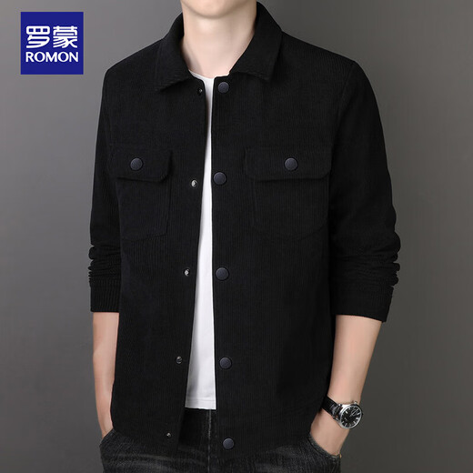 ROMON jacket men's autumn trendy lapel solid color top business executive corduroy jacket men 2270 black XL