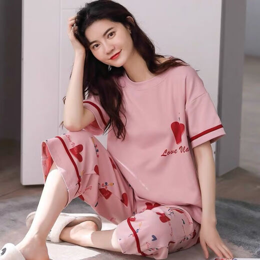 炙夏涤棉睡衣女夏季短袖七分裤套装宽松春夏天可 短-袖七分裤套装679 M 80-95斤