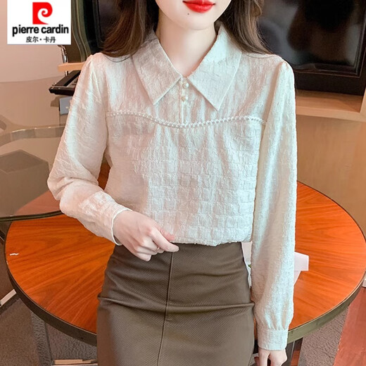 Pierre Cardin (pierre cardin) polo collar long-sleeved velvet shirt for women spring and autumn 2025 new spring French inner top bottoming shirt western style apricot color regular XL 120-135Jin Jin is equal to 0.5 kg