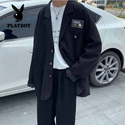 Playboy (PLAYBOY) DK uniform suit suit men's college style loose student handsome suit shirt trousers three-piece set spring and autumn four-piece suit black suit + shirt + trousers + M