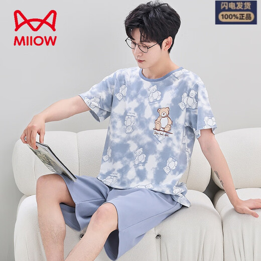 猫人 MIIOW男士睡衣夏季纯棉短袖短裤套装薄款韩版休闲大学生夏天卡通家居服 Q短袖男1392格子笑脸 3XL 标准(155-170斤)