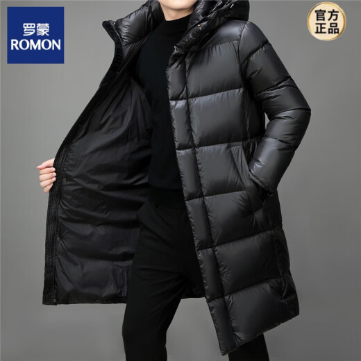 罗蒙（ROMON）男士中长款羽绒服冬季品质加厚保暖黑色羽绒衣连帽外套2024新款潮 黑色 9902长款 M 100-120斤