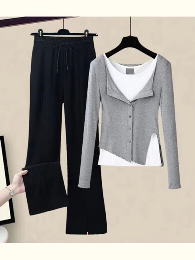 New women's suit spring and autumn gray fake two-piece tops bottoming shirt slit wide-leg casual pants three-piece set for women gray top + vest + gray pants three M