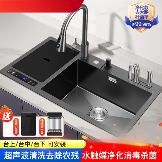 超声波水槽洗碗机多功能智能净洗机厨房一体不锈钢清洗菜池 黑金刚超声波+净化双槽12048【数