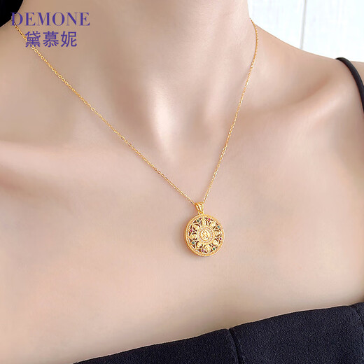 Damuni 18K gold pendant necklace Chinese style Eight Treasures Compass Retro AU750 Round Lotus Hetian Jade Pendant Gift for Women Eight Treasures Buddha Amulet 18K Yellow Single Pendant (chain not included)