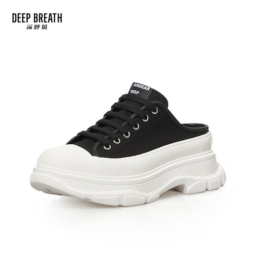 DEEP BREATH深呼吸女鞋包头半拖外穿波浪厚底帆布鞋穆勒鞋AX12250 黑白 37